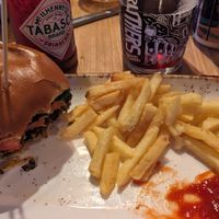 Veggie burger (without avocado crema) and fries at Druthers Brewing Company in Saratoga Springs