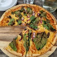 Tasty mushroom spinach pizza with vegan cheese at Gibbston Tavern in Gibbston