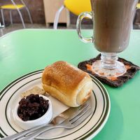 Breakfast special with red bean toast and hot chocolate (made to order; not on the menu yet, but might be when you go in!)  at Roar Factory in Tainan