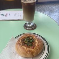 Pizza bread and iced oat latte  at Roar Factory in Tainan