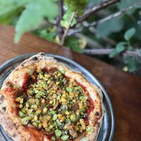 Sex Mex Pizza with seitan homemade chorizo sausages, chipotle sauce, okra and peach salsa at Nagotove - Наготове in Moscow