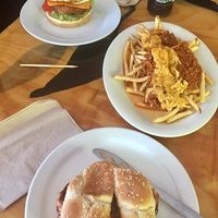 Chili cheese fries, burger, and BBQ sammie at Green New American Vegetarian in Tempe