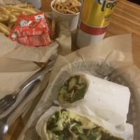 brussel wrap really good, not too spicy, fries to die forrrr. chili w tortilla strips on top in the back has NO BEANS.. just TVP.. disgraceful at Green New American Vegetarian in Tempe