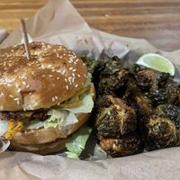 Big wac burger and fried Brussel sprouts    at Green New American Vegetarian in Tempe