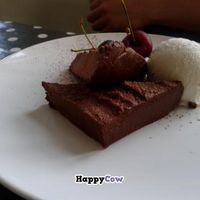 Chocolate brownie with ice cream at ORB Cafe in Edinburgh