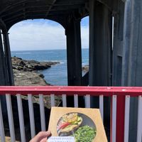 Looking for whales from patio seating, Pacific Toast on bagel  at Whale Bites Cafe in Depoe Bay