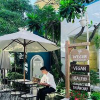 Nice decoration outside but hot in July  at IVEGAN SUPERSHOP BEN THANH - Healthy Plant Based Cafe in Ho Chi Minh City