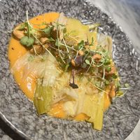 Leek in Vinaigrette with Harissa Cream   at La Huerta Funky Castizo in Madrid