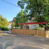 Outdoors seating area across the road at Meza in Uppsala