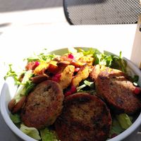 Bowl with dumplings and vegan chicken at Katzentempel Minden in Minden