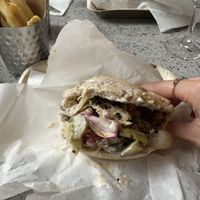 Vegan chicken shawarma pitta + added labneh with chips on the side   at Yafo in Bristol