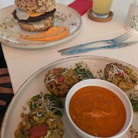 Vegetable muffins and sauce and a burger. Not bad! at Vegasmo in Brasov