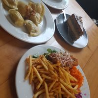 Dumplings + no fish + wrap + peanut cake at Vega in Wroclaw