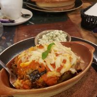 Front Moussaka, in the back Lasagna. Both very tasty. at Vega in Wroclaw