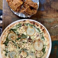 Pizza pear and from the kids menu for some reason: oyster mushrooms  at Vega in Wroclaw