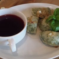 Beetroot soup with spinach-lentil dumplings at Vega in Wroclaw