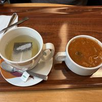 Zuppa con spezzatino di soia e funghi e the caldo   at Vega in Wroclaw