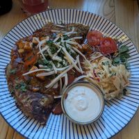Vegan potato cake with tofu goulash at Vega in Wroclaw