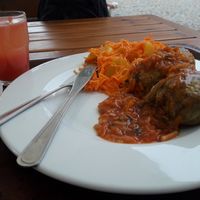 stuffed cabbage, sauce and carrot salad with peach at Vega in Wroclaw