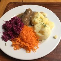 Barley "zraz" with a mushroom sauce, mashed potatoes, and a salad of your choice at Vega in Wroclaw