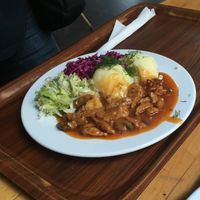 Stroganoff, mashed potatoes, salad at Vega in Wroclaw