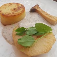 baked Cellery with capercaille mushroom, pom anna and a sauce at Hotel Norden in Haderslev