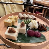 Tofu, pickles, buckwheat rolls, eggs  at Higashiya Ginza in Tokyo