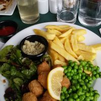 Vegan scampi bites with chips and peas at Greengages in Salisbury