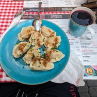 Savoury pierogi & beetroot soup in a cup at Pierogarnia Krakowiacy in Krakow
