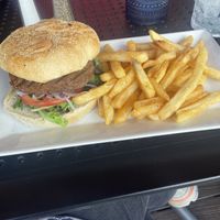 Vegan burger with fries   at Lighthouse Grill in Lake George