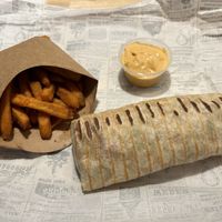 Falafel smash with sweet potato fries and vegan mayo  at Plant Punk in Zagreb