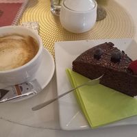 Choco cake and soy cappuccino at Barbarella Cafe in Aachen