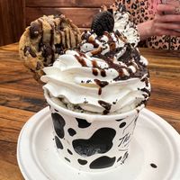 vegan chocolate chip cookie, vegan oreo, vegan whip, vegan chocolate sauce, on vegan cookies and cream ice cream at The Yard Milkshake Bar in Flowood