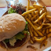 Lunch the next day. Homemade vegan burger, fries, and a small salad.  at le Café de la Comédie in Carcassonne