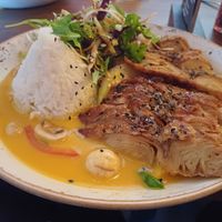 Red curry with rice and a fake duck. at Sen Vegan in Berlin