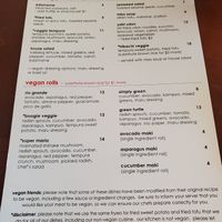 Vegan menu! at Maru Sushi in Grand Rapids