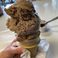 Chocolate chunk—two scoops on a cake cone  at Bean's Ice Cream in Poquoson