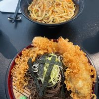 Cold Soba noodle salad with Tempura and Udon noodle bowl with vegetables   at Mikado in Strasbourg