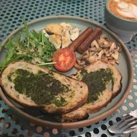 Vegan breakfast with lovely pesto and sourdough bread at The Bare Bottle in Kuta