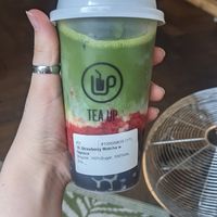 strawberry matcha latte with soya milk at Tea Up Bubble Tea - 奶茶 in Amsterdam