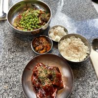 Japchae, sweet and spicy tofu (Dubu Twigim)  at Bap & Dak in Brussels