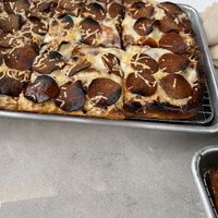 Vegan pizza with vegan pepperoni and Selfish Cow nondairy cheese  at Fullsteam RTP in Durham