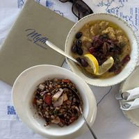 Black eyed bean salad and fava dip - both are 10/10! Came back for the bean salad 2x  at Mythos  in Amorgos