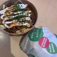 Dirty fries and vegan chick’n burger   at Beer + Burger in North London