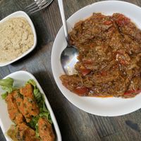 Main vegan eggplant dish, hummus & lentil köfte  at Leylak Cafe in Istanbul