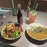 Mexican superbowl, peanut curry, strawberry mint lemonadee  at Kaspar Schmauser in Leipzig