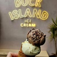 Chocolate Salted Brownie and Passion Fruit on a GF Waffle Cone at Duck Island Ice Cream   in Auckland