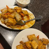 Vegan Curry Tofu with rice-shows how much tofu they give you! at Asian Pearl Bistro in Windsor