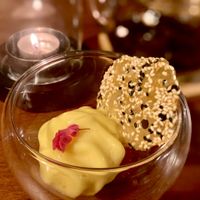 Course 7 Watermelon with passionfruit foam  at Cuisine Wat Damnak in Siem Reap