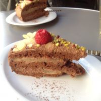 chocolate cake at Aux Deux Portes Cafe in Geneva